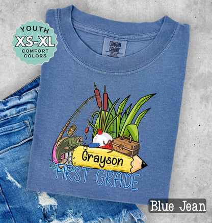 First Grade Boys Name Fishing Back to School Shirt: Comfort Colors Cotton Tee