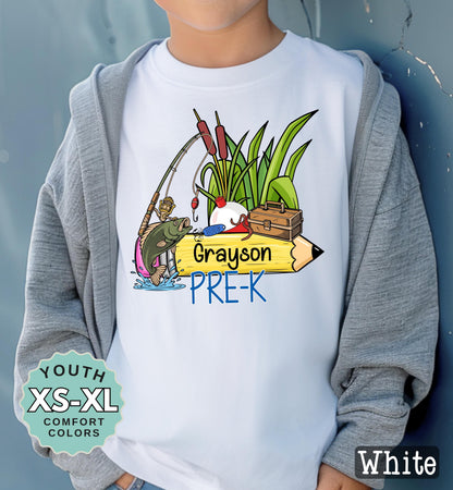 Pre-K Boys Name Fishing Back to School Shirt: Comfort Colors Cotton Tee