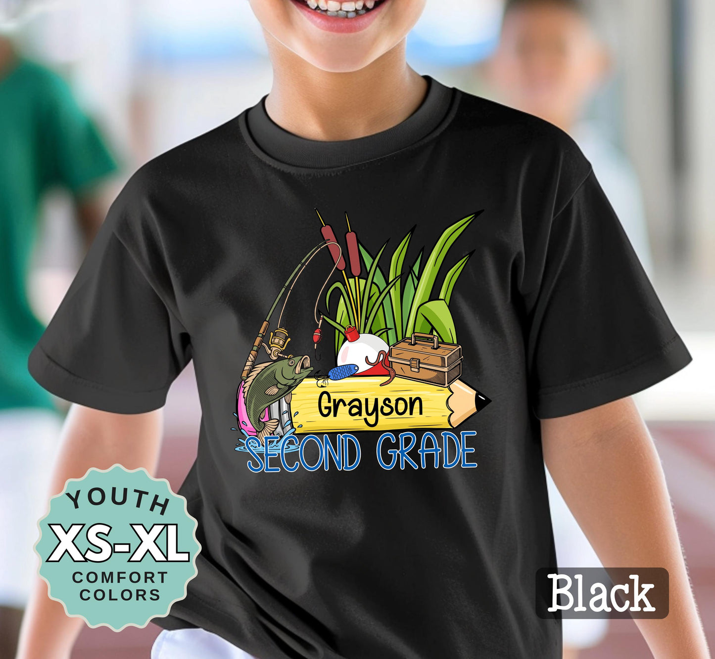 Second Grade Boys Name Fishing Back to School Shirt: Comfort Colors Cotton Tee