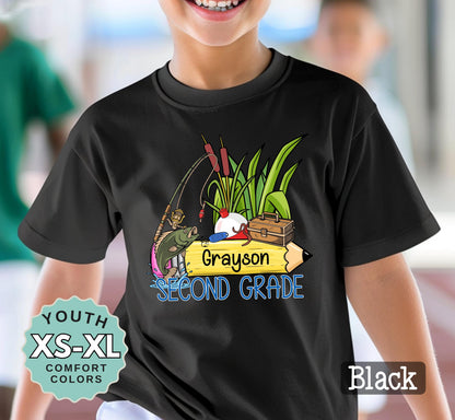 Second Grade Boys Name Fishing Back to School Shirt: Comfort Colors Cotton Tee