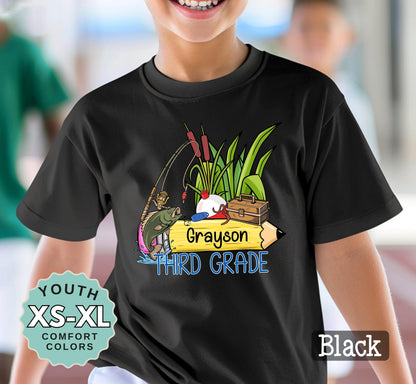 Third Grade Boys Name Fishing Back to School Shirt: Comfort Colors Cotton Tee