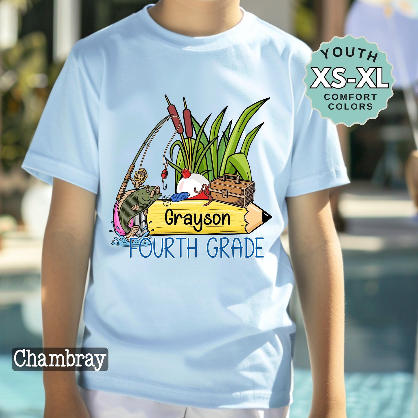 Fourth Grade Boys Name Fishing Back to School Shirt: Comfort Colors Cotton Tee