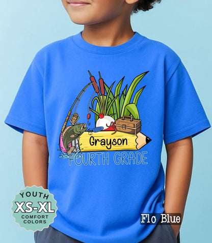Fourth Grade Boys Name Fishing Back to School Shirt: Comfort Colors Cotton Tee