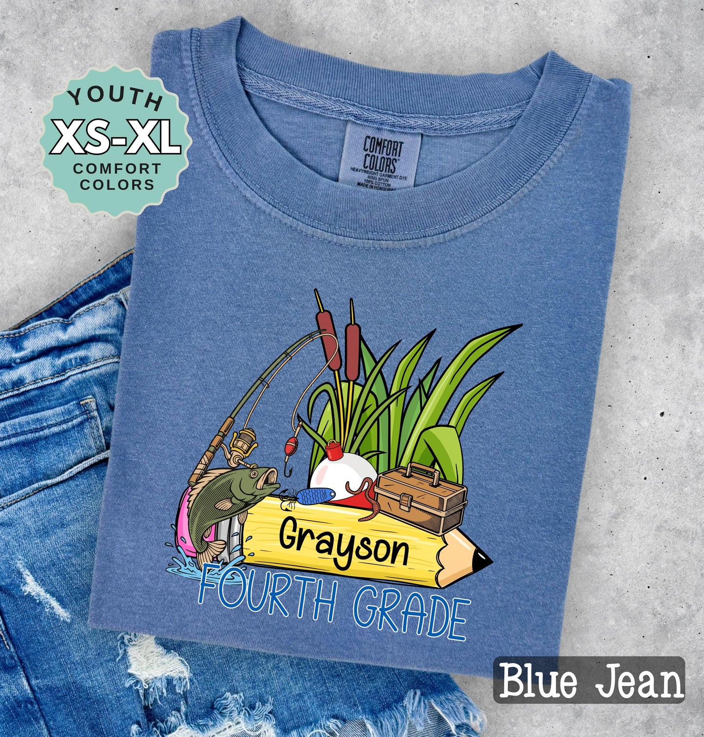 Fourth Grade Boys Name Fishing Back to School Shirt: Comfort Colors Cotton Tee