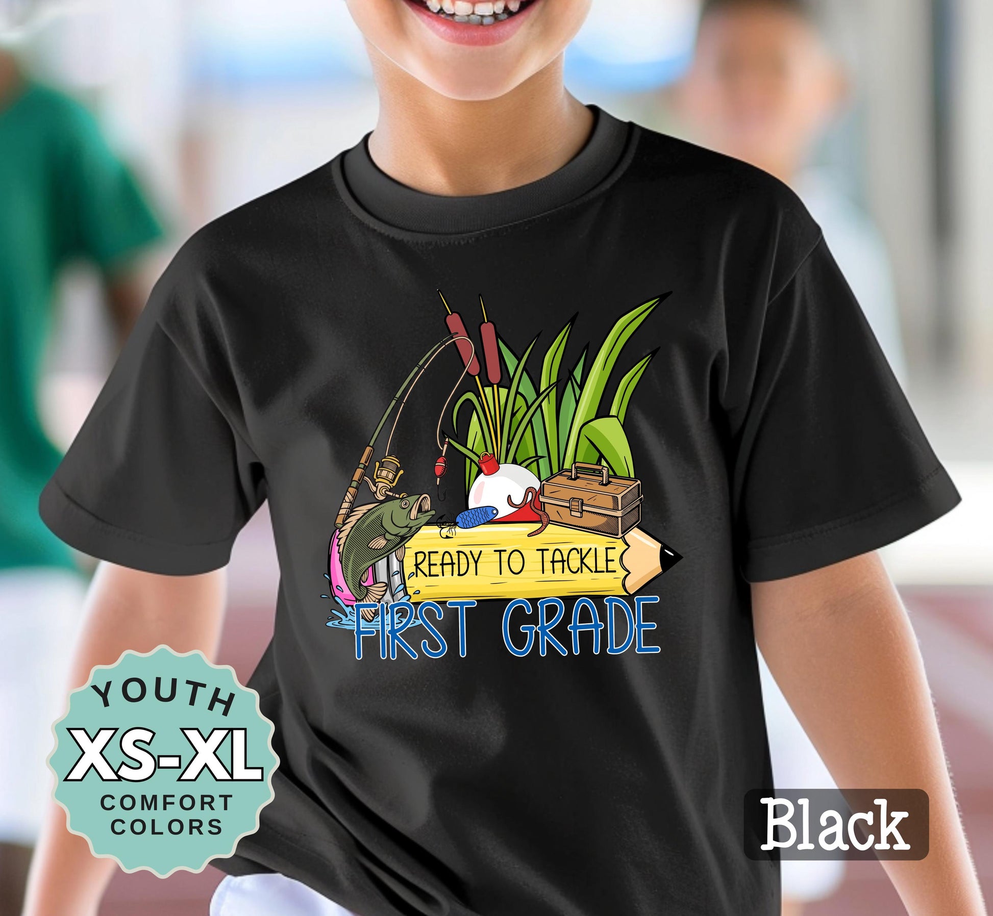 Ready to Tackle First Grade Boys Fishing Back to School Shirt: Comfort Colors Cotton Tee
