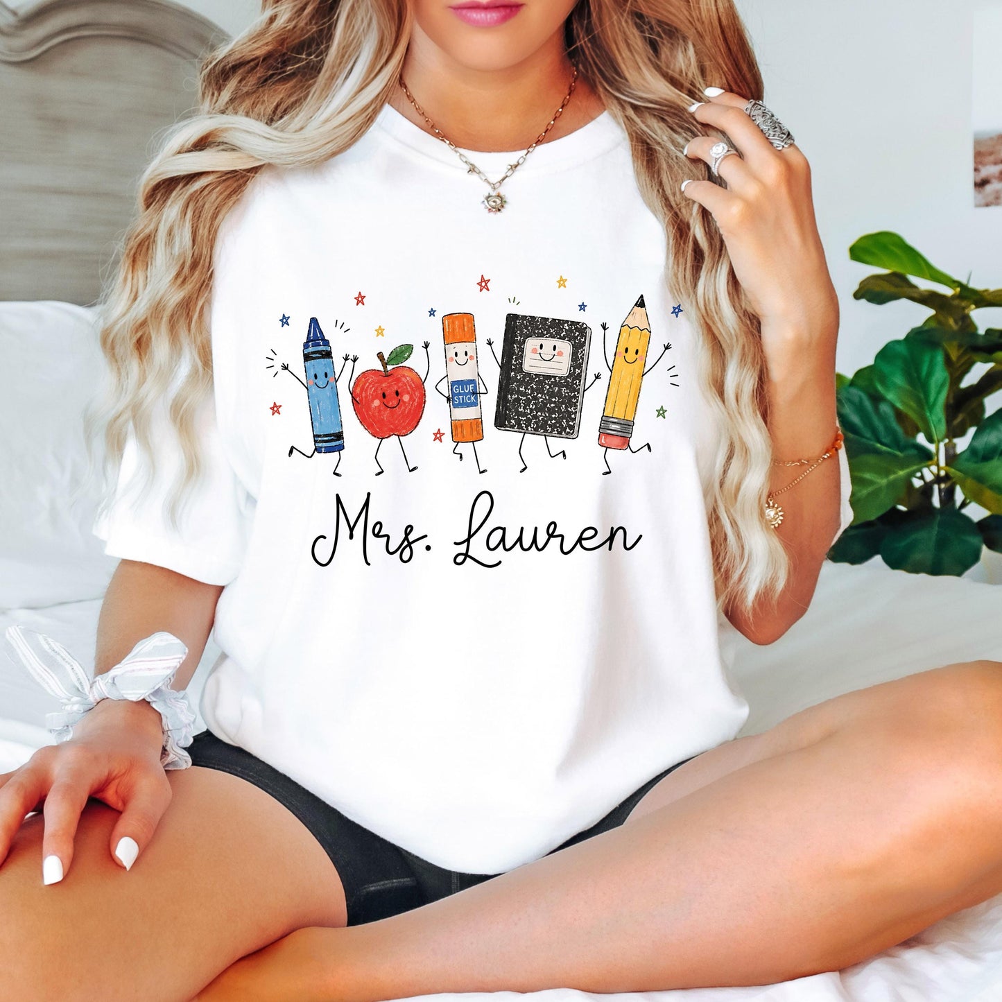 Personalized Teacher Shirt, School Supplies Crayon Apple Pencil Tee, First Day of School Shirt