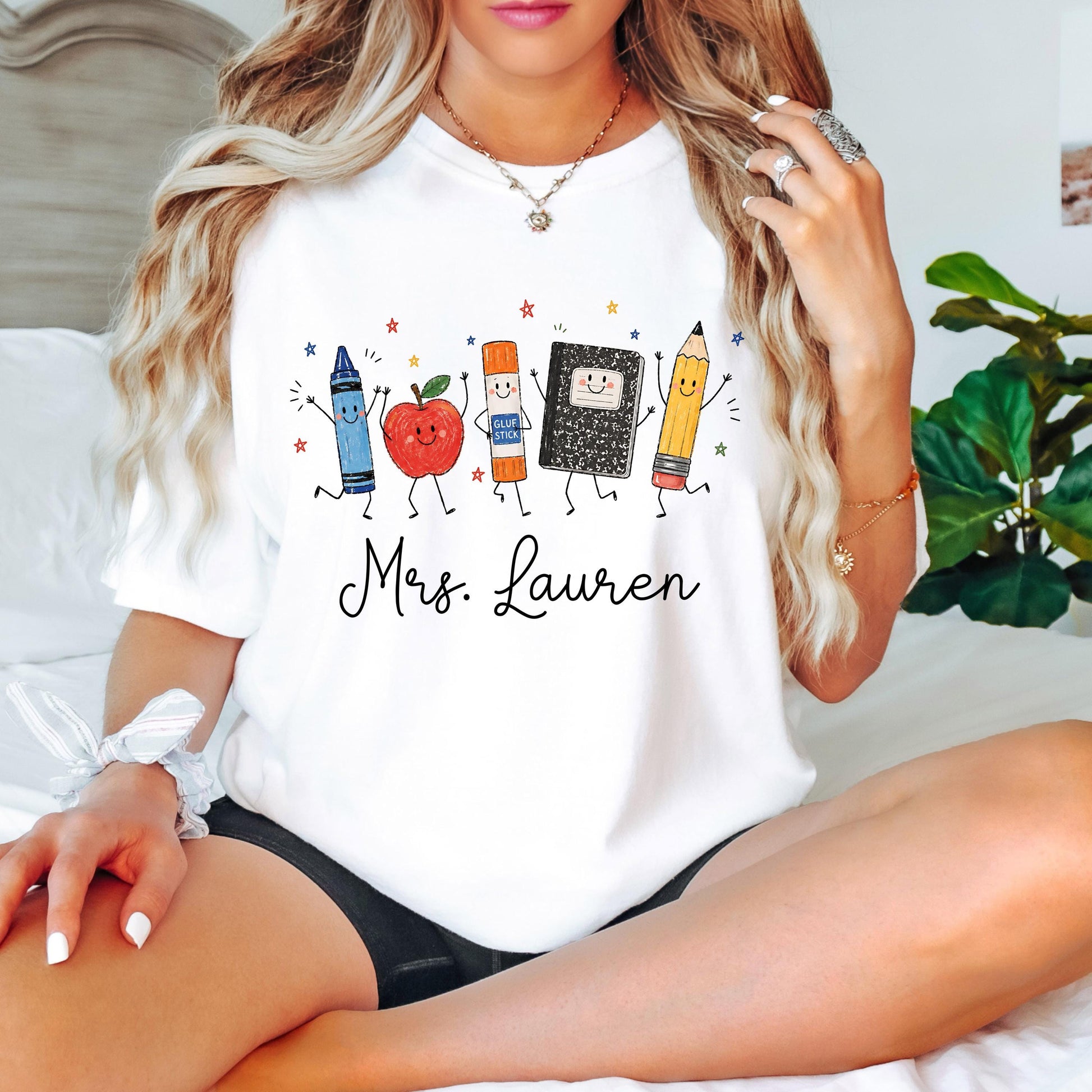 Personalized Teacher Shirt, School Supplies Crayon Apple Pencil Tee, First Day of School Shirt