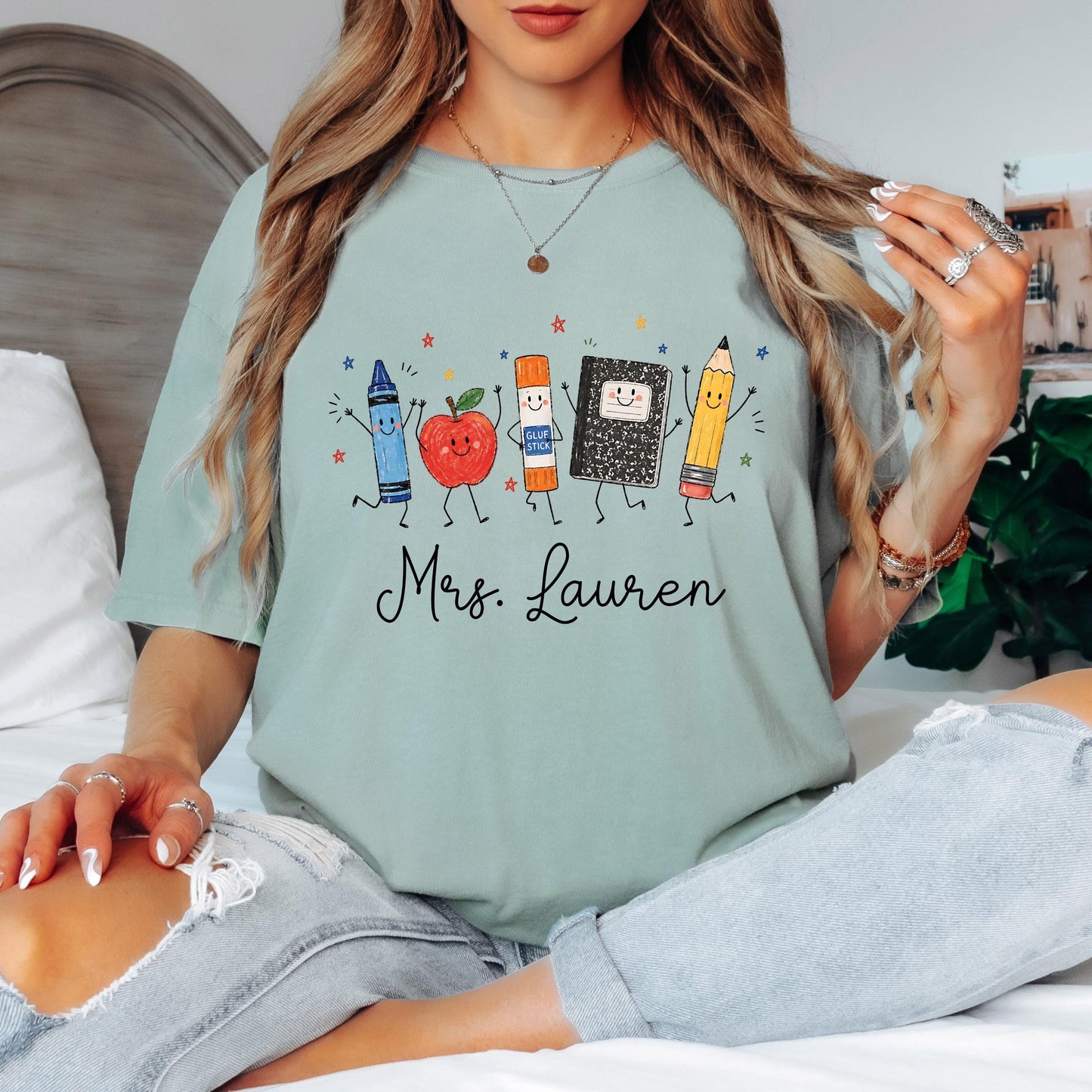 Personalized Teacher Shirt, School Supplies Crayon Apple Pencil Tee, First Day of School Shirt
