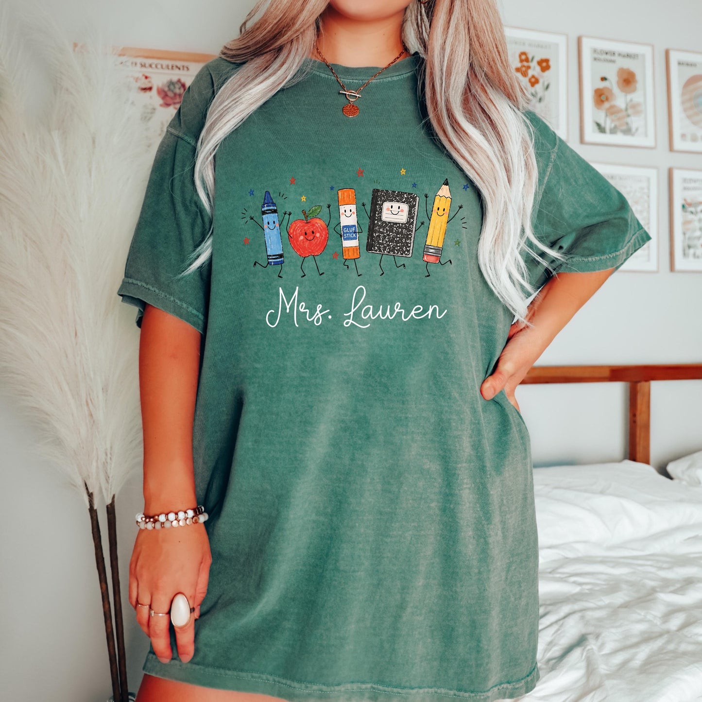 Personalized Teacher Shirt, School Supplies Crayon Apple Pencil Tee, First Day of School Shirt