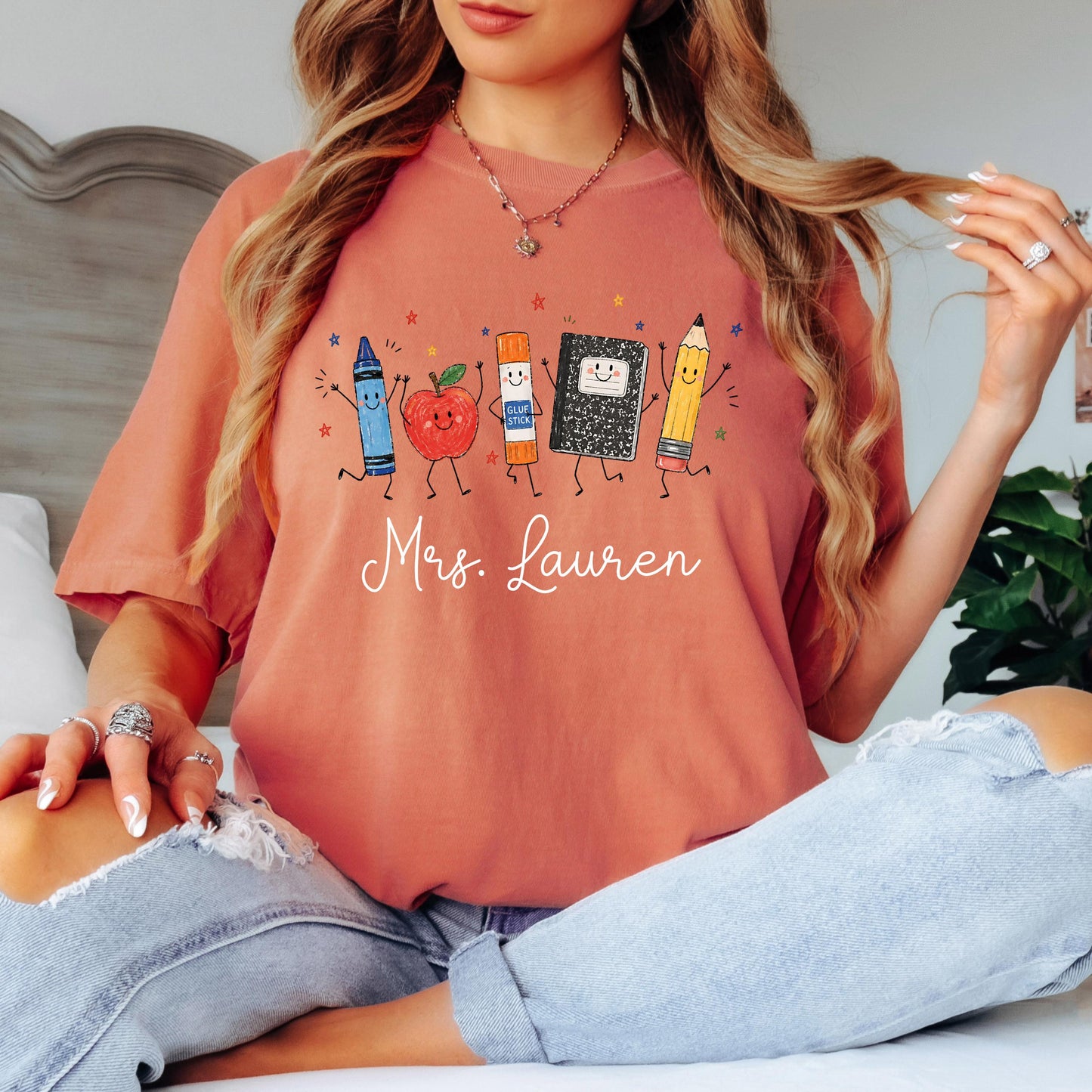 Personalized Teacher Shirt, School Supplies Crayon Apple Pencil Tee, First Day of School Shirt