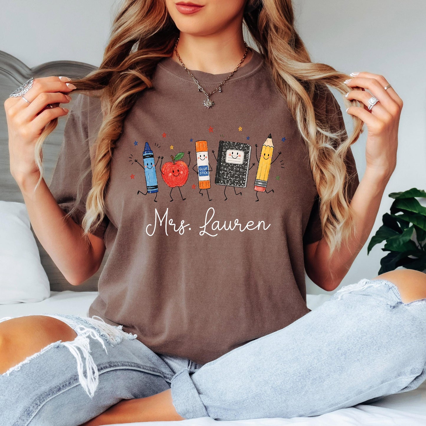 Personalized Teacher Shirt, School Supplies Crayon Apple Pencil Tee, First Day of School Shirt