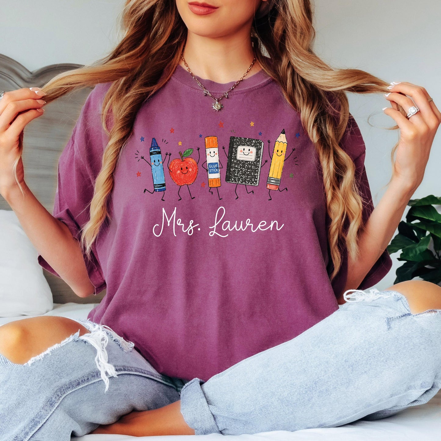 Personalized Teacher Shirt, School Supplies Crayon Apple Pencil Tee, First Day of School Shirt