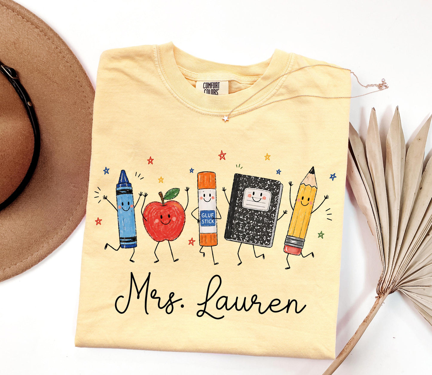 Personalized Teacher Shirt, School Supplies Crayon Apple Pencil Tee, First Day of School Shirt