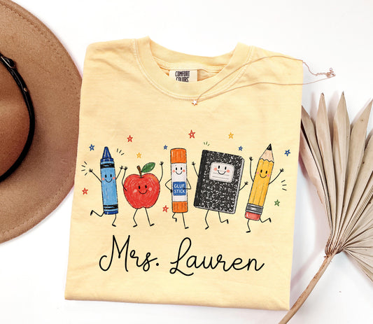 Personalized Teacher Shirt, School Supplies Crayon Apple Pencil Tee, First Day of School Shirt
