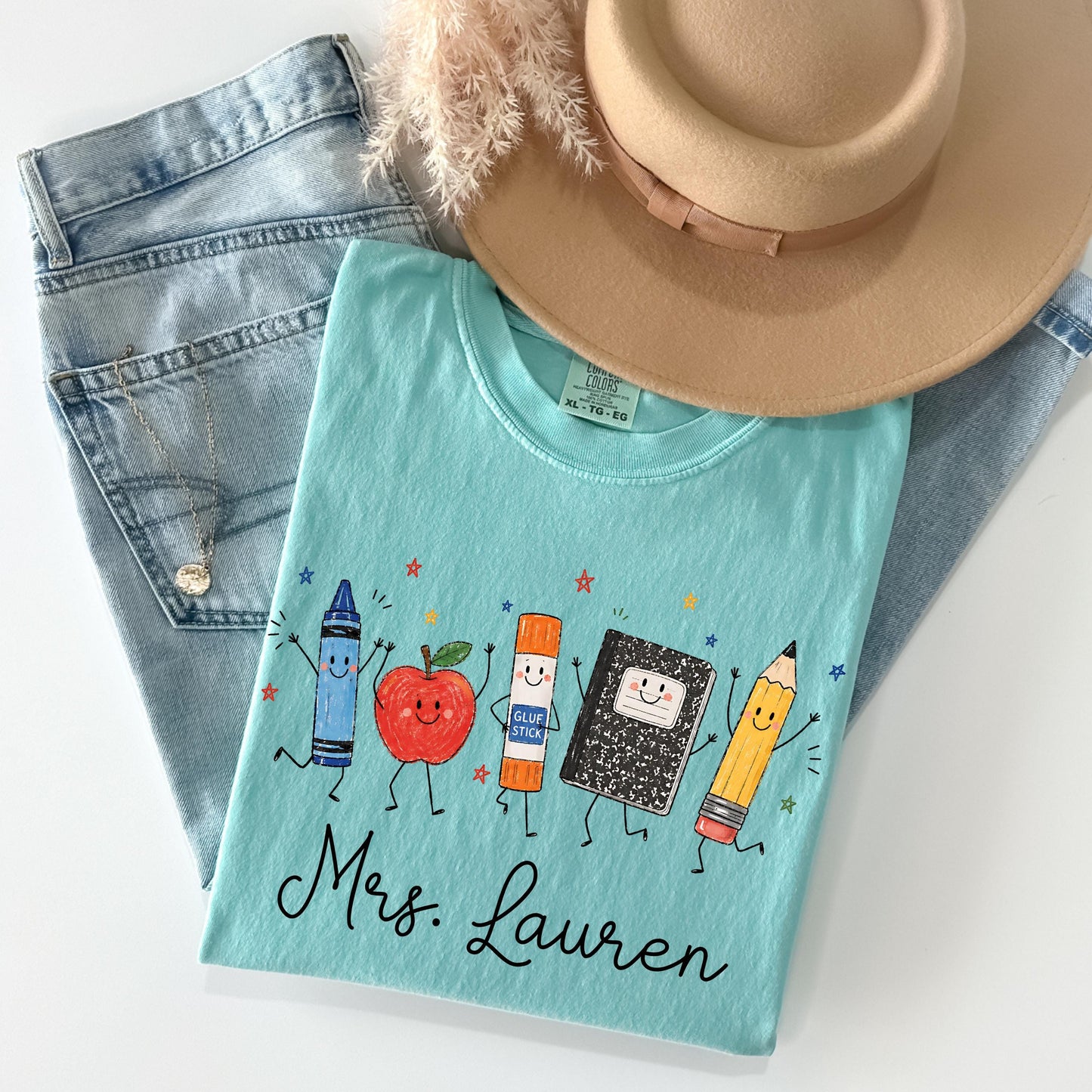 Personalized Teacher Shirt, School Supplies Crayon Apple Pencil Tee, First Day of School Shirt