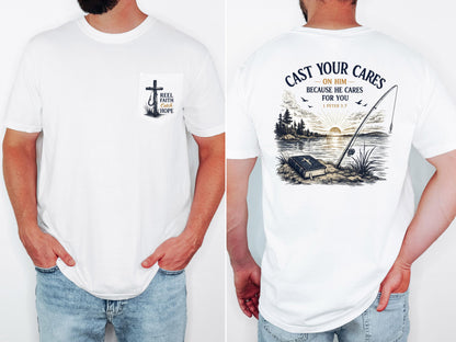 Cast Your Cares Shirt, Christian Fishing Shirt, 1 Peter 5:7 Tee, Comfort Colors Pocket Tee, Fisherman Gift, Bible Verse Shirt