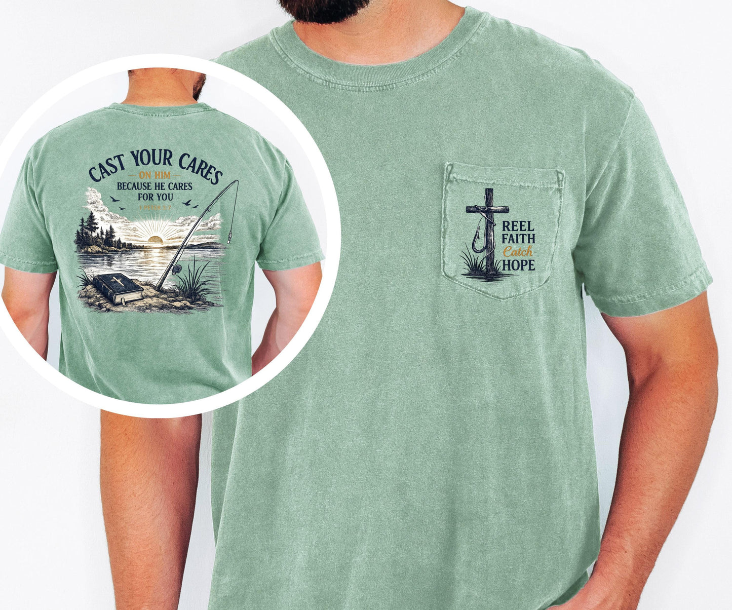 Cast Your Cares Shirt, Christian Fishing Shirt, 1 Peter 5:7 Tee, Comfort Colors Pocket Tee, Fisherman Gift, Bible Verse Shirt