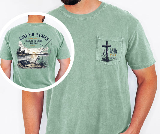 Cast Your Cares Shirt, Christian Fishing Shirt, 1 Peter 5:7 Tee, Comfort Colors Pocket Tee, Fisherman Gift, Bible Verse Shirt