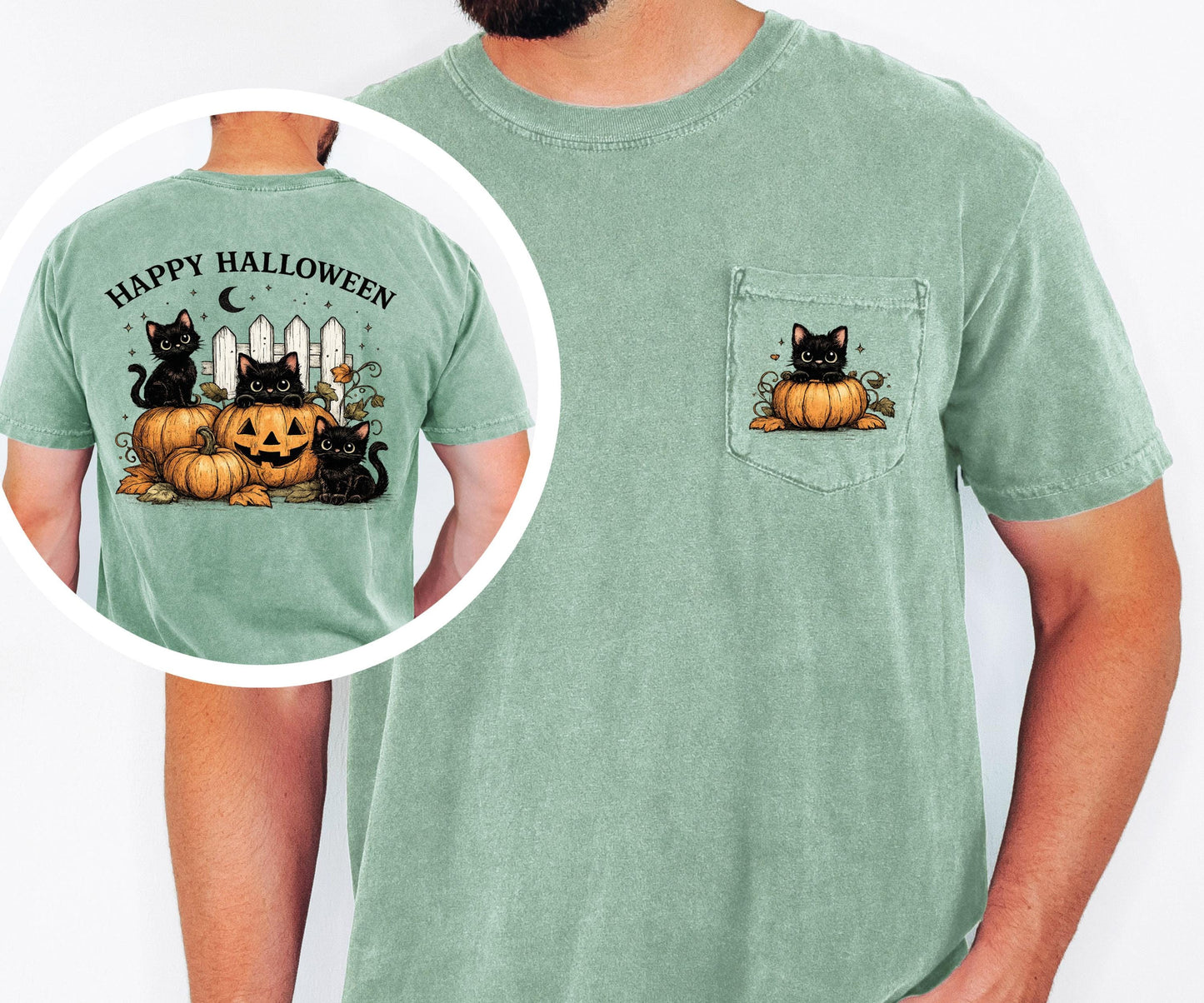 Cute Black Cat Halloween Shirt, Comfort Colors Pocket Tee, Pumpkin Cat Graphic Tee, Spooky Season Shirt, Fall Halloween Gift