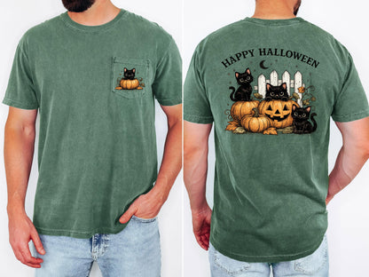 Cute Black Cat Halloween Shirt, Comfort Colors Pocket Tee, Pumpkin Cat Graphic Tee, Spooky Season Shirt, Fall Halloween Gift