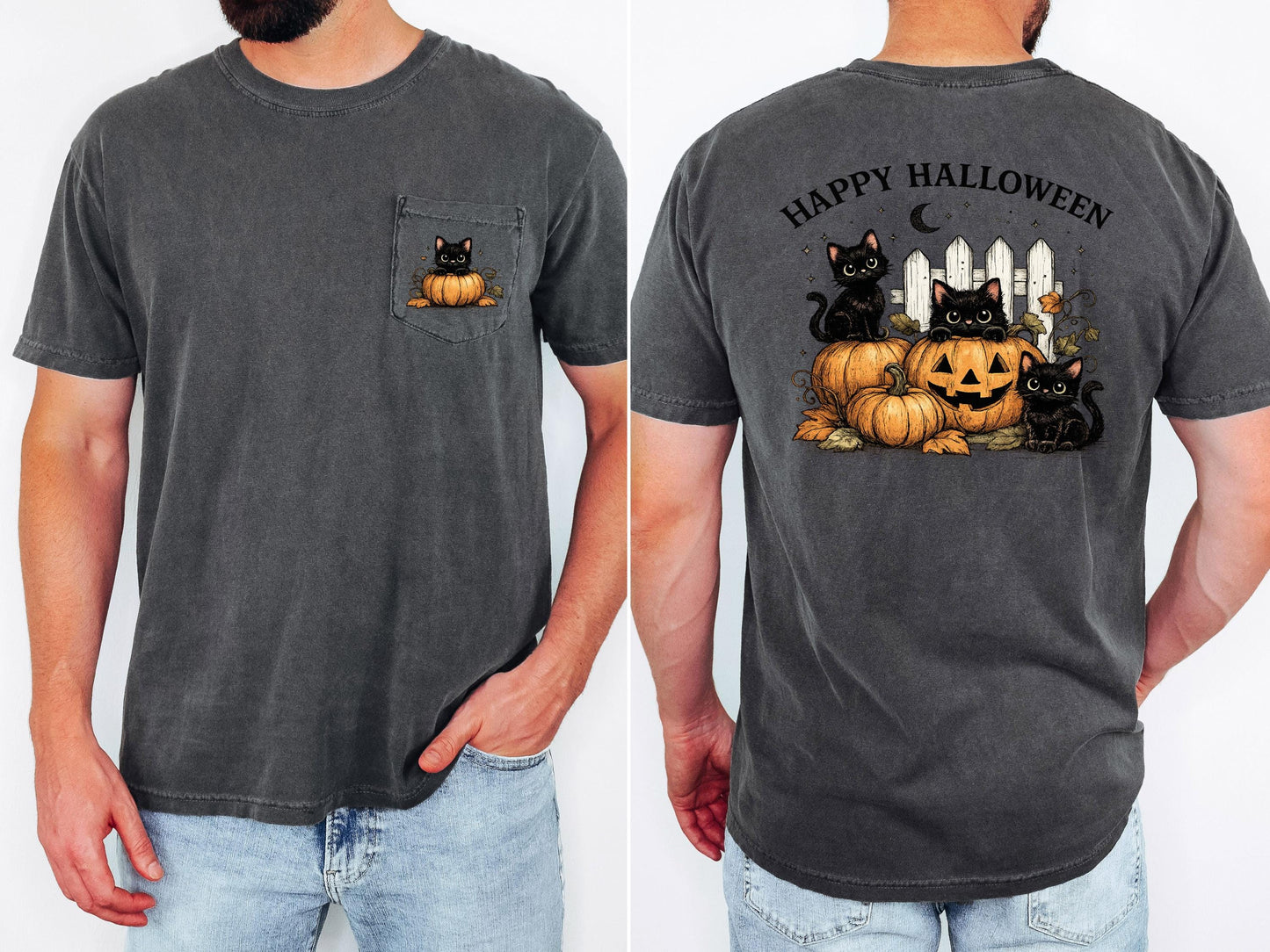 Cute Black Cat Halloween Shirt, Comfort Colors Pocket Tee, Pumpkin Cat Graphic Tee, Spooky Season Shirt, Fall Halloween Gift