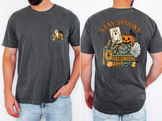 Stay Spooky Halloween Shirt, Cute Ghost Pumpkin Tee, Comfort Colors Pocket Tee, Vintage Halloween Graphic Shirt, Spooky Season Gift