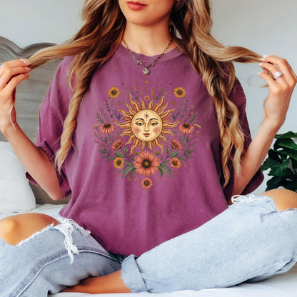 Boho Sun and Moon Shirt, Celestial Floral Tee, Vintage Wildflower Graphic T-shirt, Bohemian Sun Face Shirt, Cottagecore Nature Tee Gift