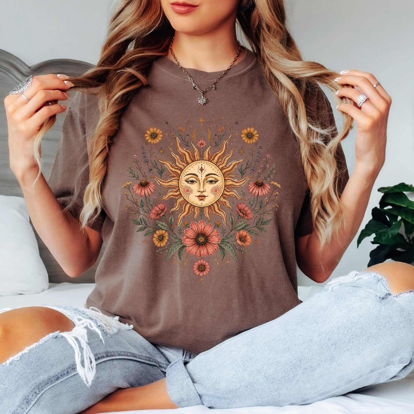 Boho Sun and Moon Shirt, Celestial Floral Tee, Vintage Wildflower Graphic T-shirt, Bohemian Sun Face Shirt, Cottagecore Nature Tee Gift