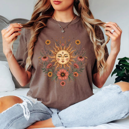 Boho Sun and Moon Shirt, Celestial Floral Tee, Vintage Wildflower Graphic T-shirt, Bohemian Sun Face Shirt, Cottagecore Nature Tee Gift