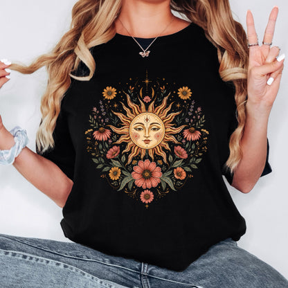 Boho Sun and Moon Shirt, Celestial Floral Tee, Vintage Wildflower Graphic T-shirt, Bohemian Sun Face Shirt, Cottagecore Nature Tee Gift