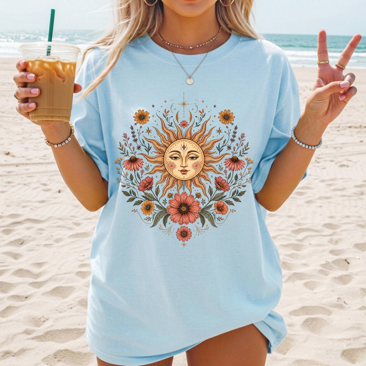 Boho Sun and Moon Shirt, Celestial Floral Tee, Vintage Wildflower Graphic T-shirt, Bohemian Sun Face Shirt, Cottagecore Nature Tee Gift