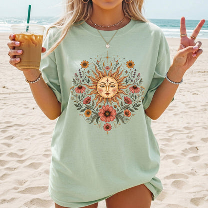 Boho Sun and Moon Shirt, Celestial Floral Tee, Vintage Wildflower Graphic T-shirt, Bohemian Sun Face Shirt, Cottagecore Nature Tee Gift