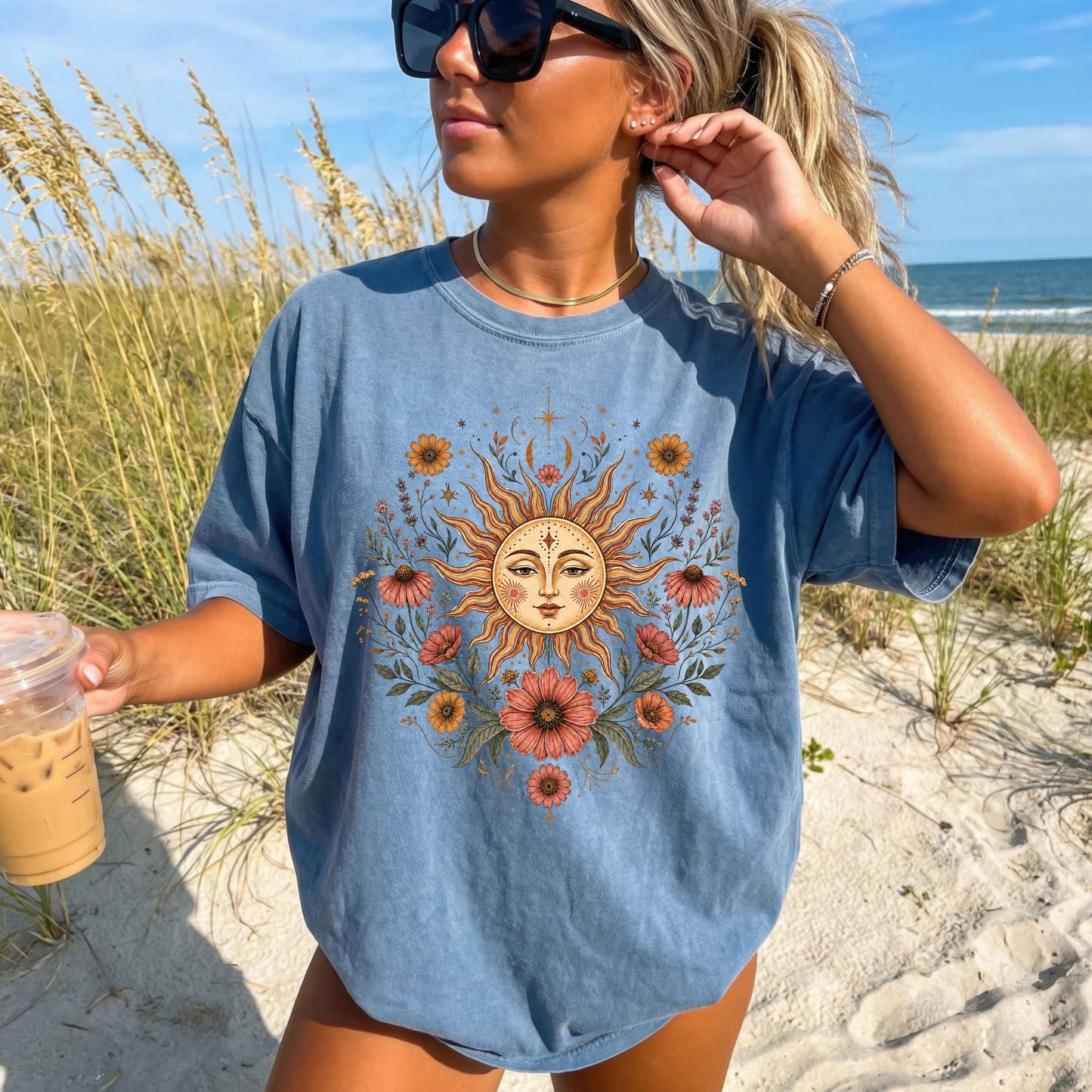 Boho Sun and Moon Shirt, Celestial Floral Tee, Vintage Wildflower Graphic T-shirt, Bohemian Sun Face Shirt, Cottagecore Nature Tee Gift
