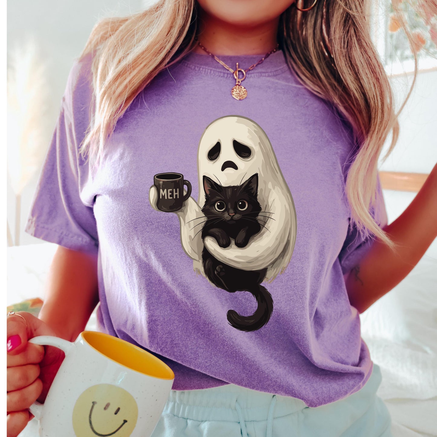 Ghost Cat Coffee Halloween Shirt, Cute Ghost Cat Shirt, Black Cat Halloween Tee, Comfort Colors Shirt