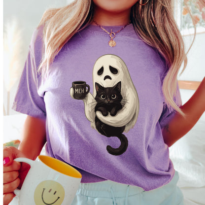 Ghost Cat Coffee Halloween Shirt, Cute Ghost Cat Shirt, Black Cat Halloween Tee, Comfort Colors Shirt
