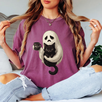 Ghost Cat Coffee Halloween Shirt, Cute Ghost Cat Shirt, Black Cat Halloween Tee, Comfort Colors Shirt