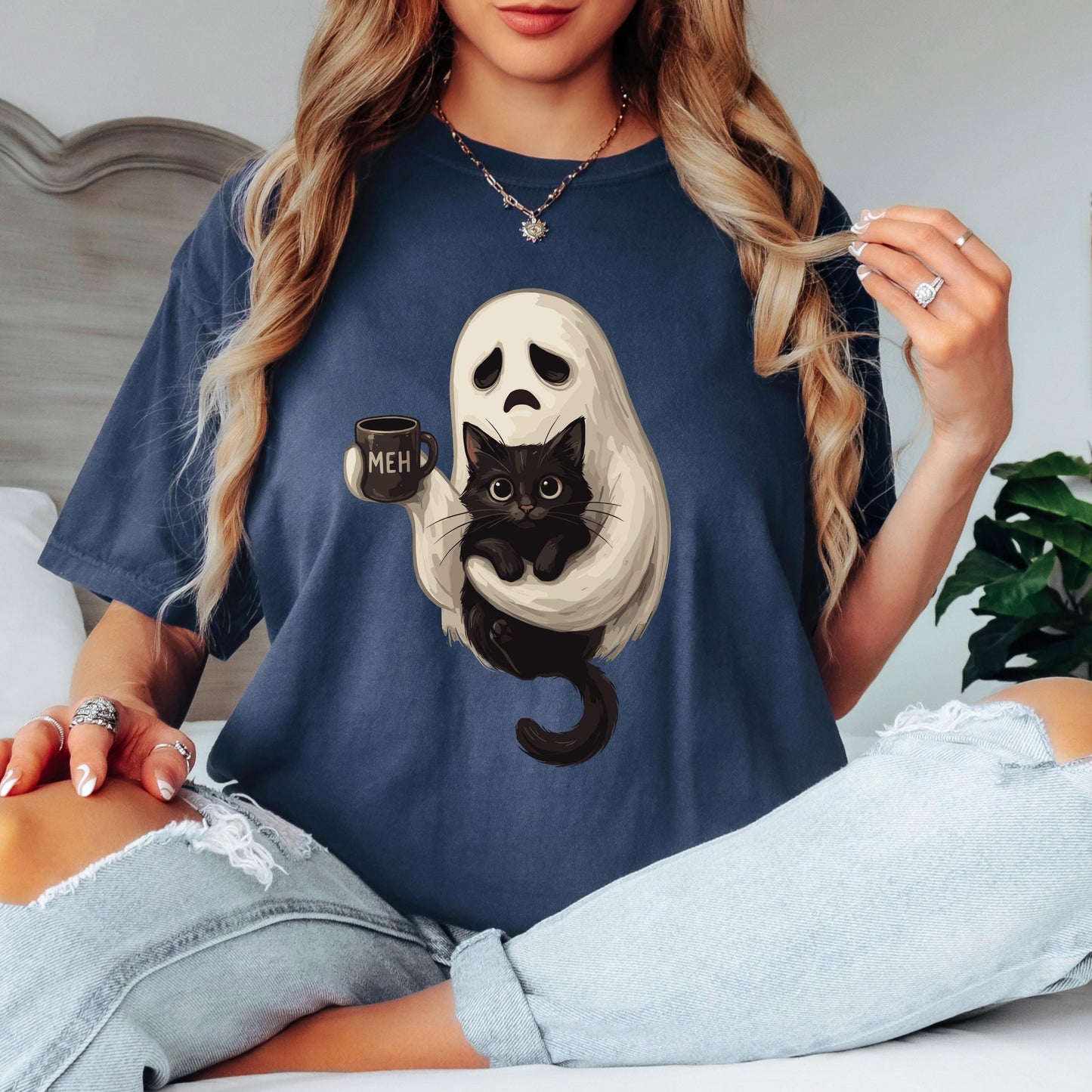 Ghost Cat Coffee Halloween Shirt, Cute Ghost Cat Shirt, Black Cat Halloween Tee, Comfort Colors Shirt