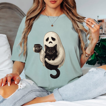 Ghost Cat Coffee Halloween Shirt, Cute Ghost Cat Shirt, Black Cat Halloween Tee, Comfort Colors Shirt