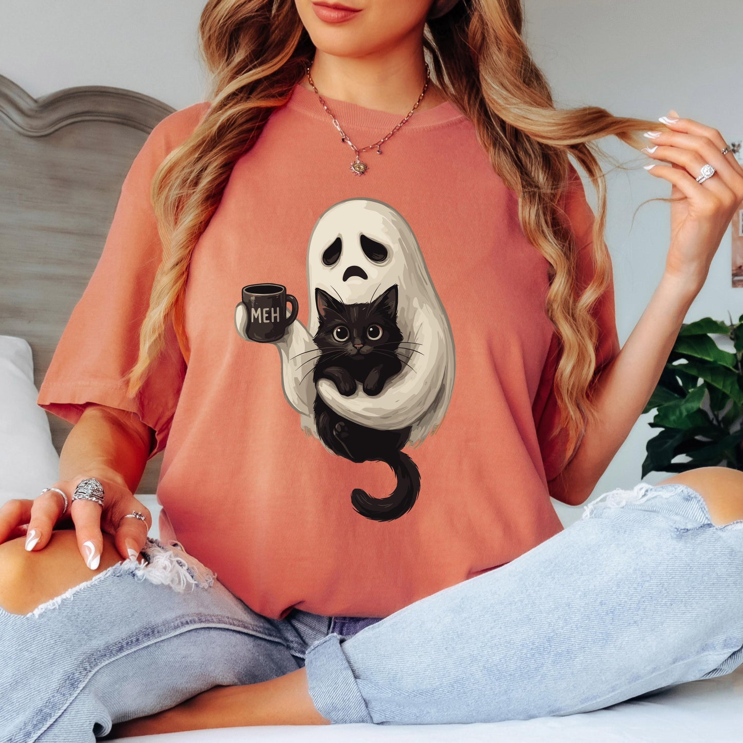 Ghost Cat Coffee Halloween Shirt, Cute Ghost Cat Shirt, Black Cat Halloween Tee, Comfort Colors Shirt