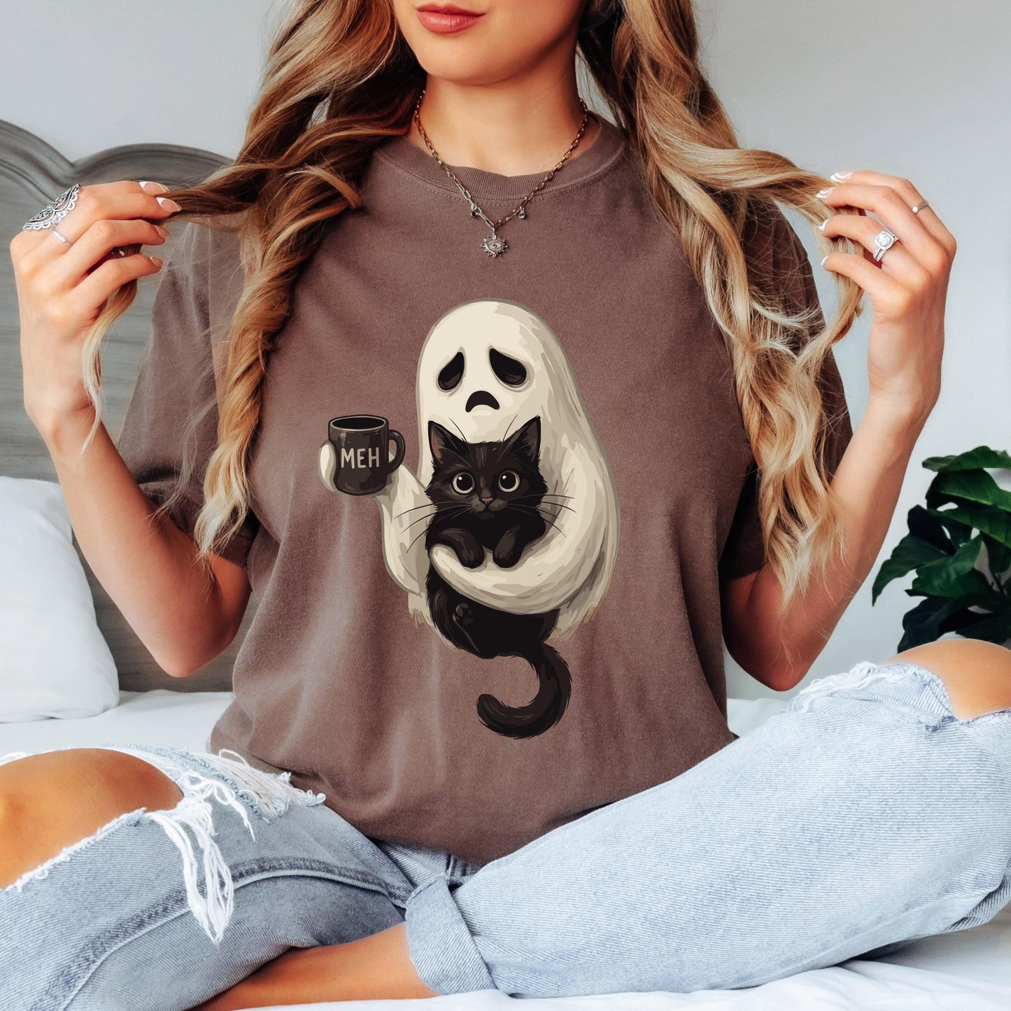 Ghost Cat Coffee Halloween Shirt, Cute Ghost Cat Shirt, Black Cat Halloween Tee, Comfort Colors Shirt