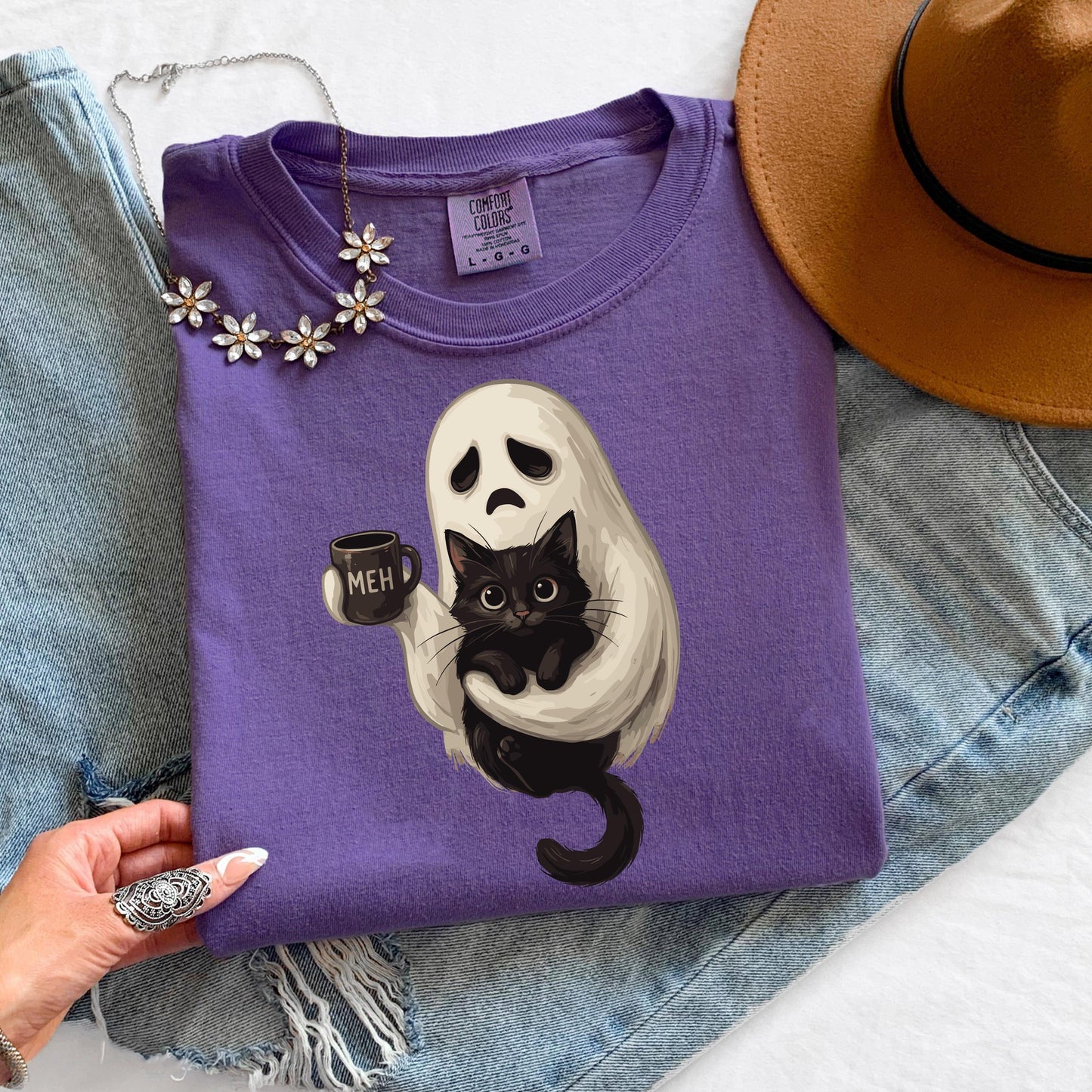 Ghost Cat Coffee Halloween Shirt, Cute Ghost Cat Shirt, Black Cat Halloween Tee, Comfort Colors Shirt