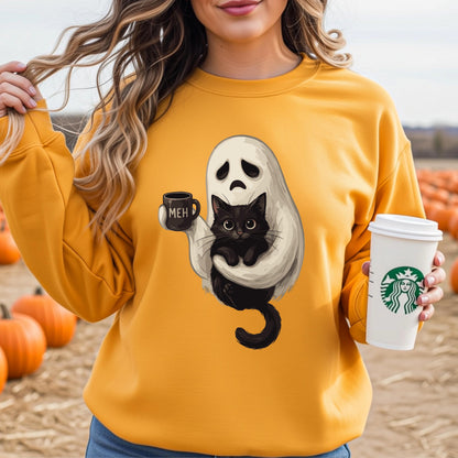 Ghost Cat Coffee Halloween Sweatshirt, Cute Ghost Cat Sweatshirt, Black Cat Halloween Sweatshirt