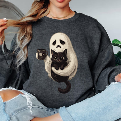 Ghost Cat Coffee Halloween Sweatshirt, Cute Ghost Cat Sweatshirt, Black Cat Halloween Sweatshirt