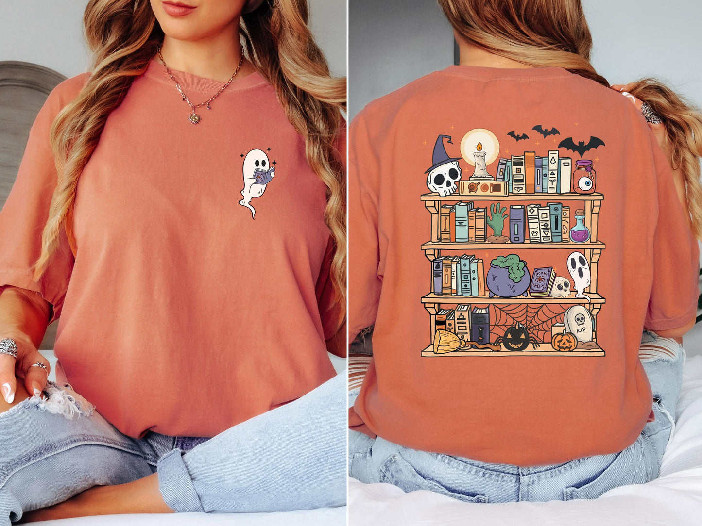 Spooky Bookshelf Halloween Shirt, Book Lover Halloween Shirt, Ghost Reading Shirt, Comfort Colors Tee