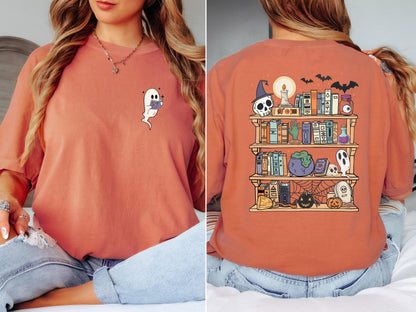 Spooky Bookshelf Halloween Shirt, Book Lover Halloween Shirt, Ghost Reading Shirt, Comfort Colors Tee