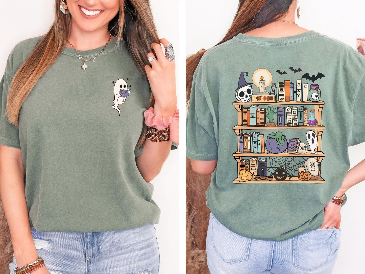 Spooky Bookshelf Halloween Shirt, Book Lover Halloween Shirt, Ghost Reading Shirt, Comfort Colors Tee
