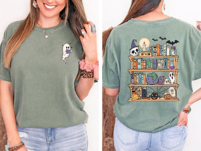Spooky Bookshelf Halloween Shirt, Book Lover Halloween Shirt, Ghost Reading Shirt, Comfort Colors Tee