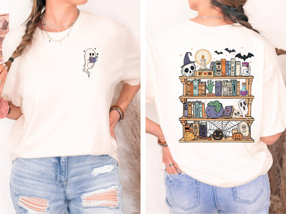 Spooky Bookshelf Halloween Shirt, Book Lover Halloween Shirt, Ghost Reading Shirt, Comfort Colors Tee