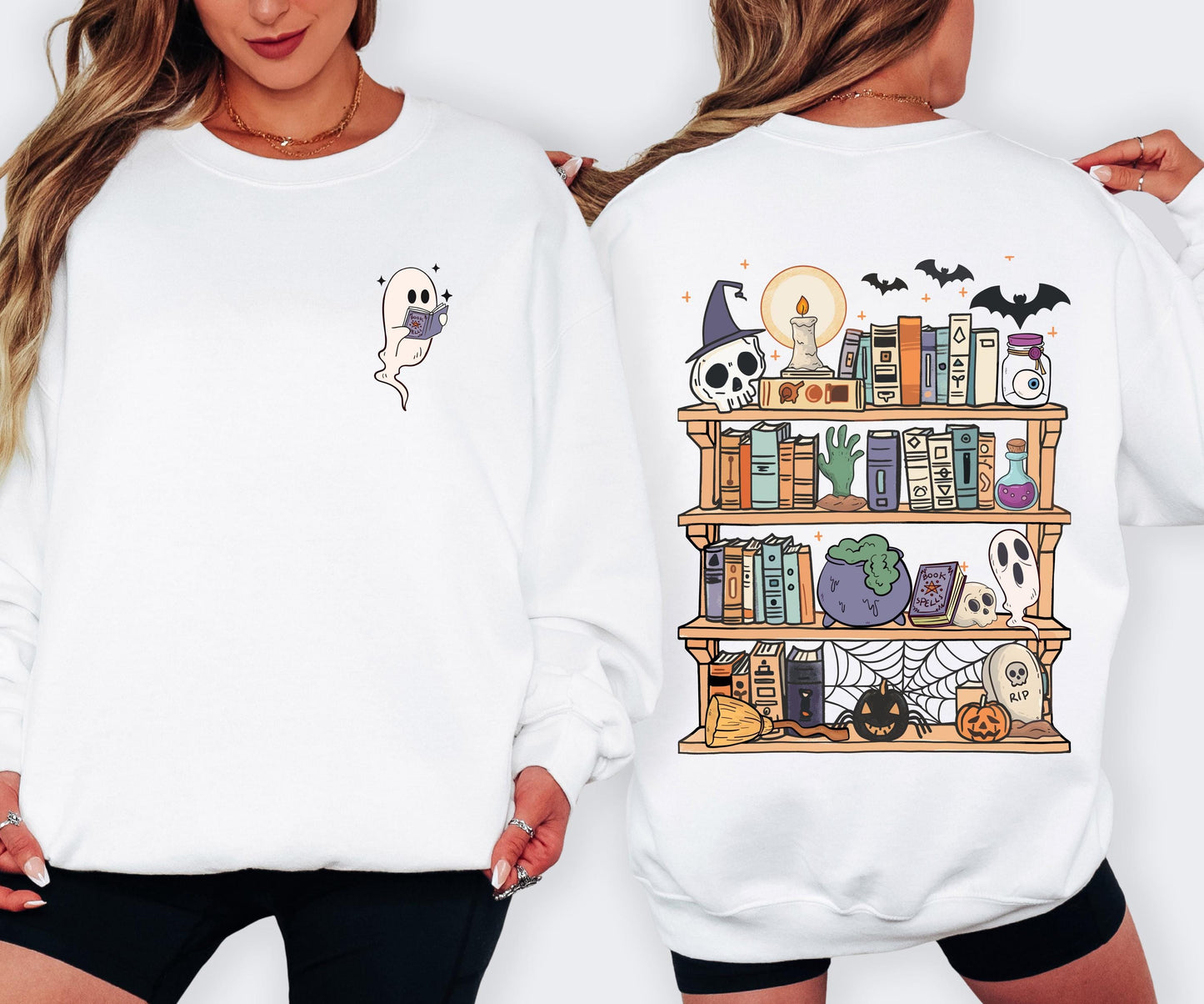 Spooky Bookshelf Halloween Sweatshirt, Book Lover Halloween Sweatshirt, Ghost Reading Sweatshirt