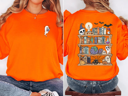 Spooky Bookshelf Halloween Sweatshirt, Book Lover Halloween Sweatshirt, Ghost Reading Sweatshirt